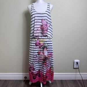 JFW  Dress Tank White‎ With Black Stripes Pink Butterflies Size S Floral Midi